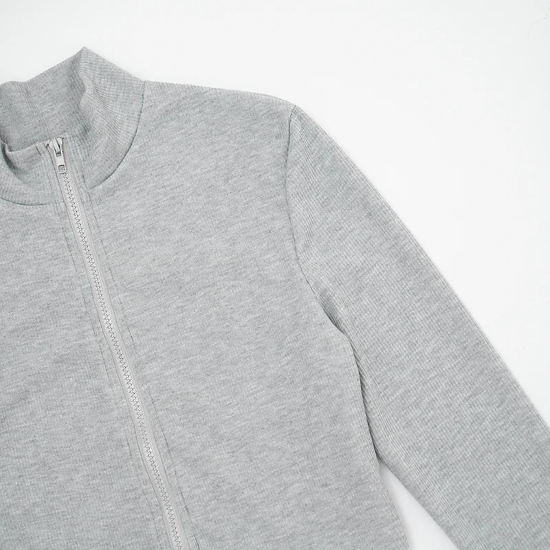 Winter Trend Casual Sport 2piece Set Women Zip Ribbed Crop Top+Pleated Skirt Matching Skinny Stretch Streetwear Outfits