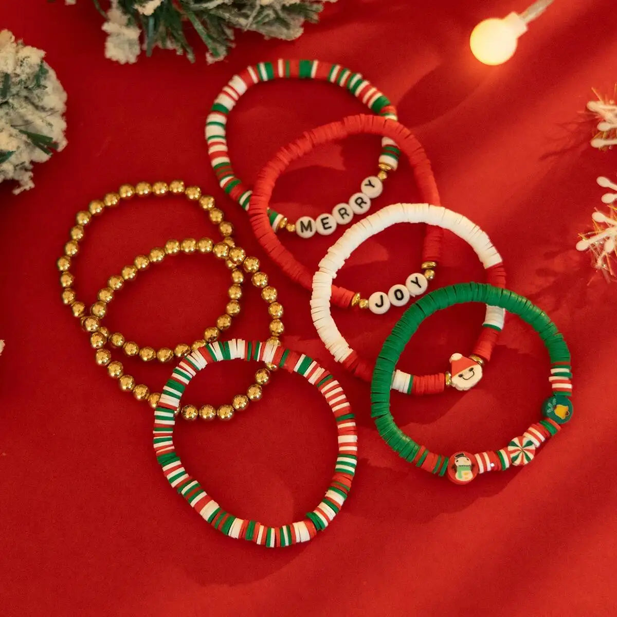 Christmas Series Polymer Clay CCB Beaded Bracelets, Trendy Letter Charms, Jewelry Gift for Women and Men, 7 Pcs Set