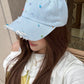 Women's Distressed Denim Baseball Cap with Colorful Beads, Light Blue Frayed Brim Hat for Beach, Sweet Street Accessory