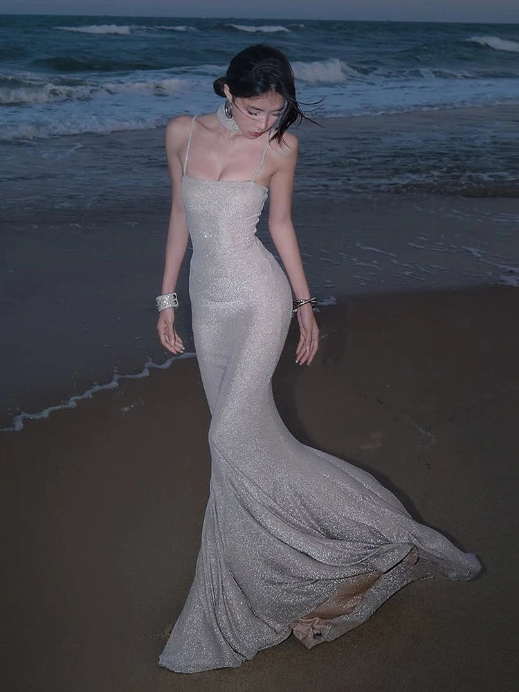 Glitter Maxi Dress Women Fish Tail Hem Backless Cross Bandage Low-Neck Sleeveless Beach Party Vacation Vestidos