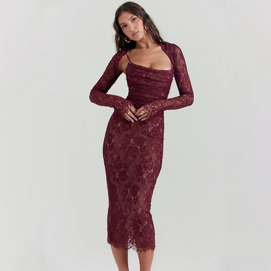 Red Lace Dress Women Luxury Party Outfits 2 Piece Set Bandage Bodycon Long Dresses with Cardigan Spring 2024