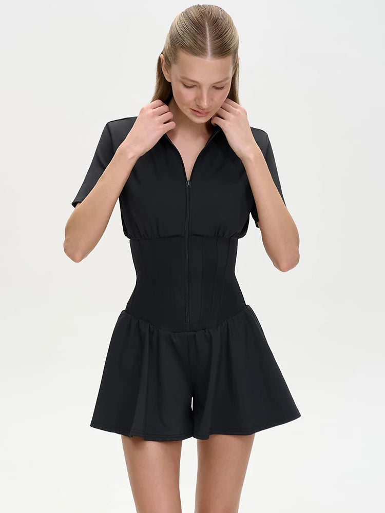Short Sleeve Casual Sporty Playsuit Women Overalls Fashion Zipper High Waist Loose Fitness Romper Female Playsuits