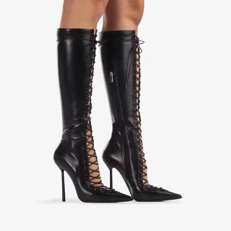 2026Spring/Summer New Lace Up Short Cool Boots Side Zipper Banquet Slimming High Heels Sexy Knee Length Women's Boots