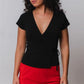 Ladies Surplice Wrap V‑Neck Short Cap Sleeve T‑Shirt Side Tie Knot Fitted Cropped Top Solid Color Casual Daily Blouse
