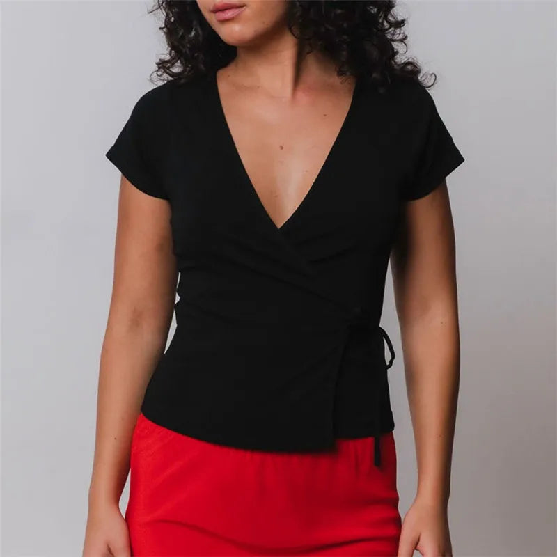 Ladies Surplice Wrap V‑Neck Short Cap Sleeve T‑Shirt Side Tie Knot Fitted Cropped Top Solid Color Casual Daily Blouse