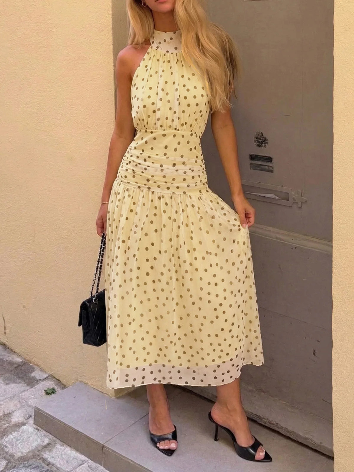 Yellow Polka Dot Summer Dresses 2026 Elegant Halter Backless Pleated Long Dress Woman Clothing