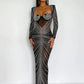Glitter Mesh See Through Party Maxi Dress For Women Fashion Full Sleeve Bodycon Sexy Club Long Evening Dress Vestido