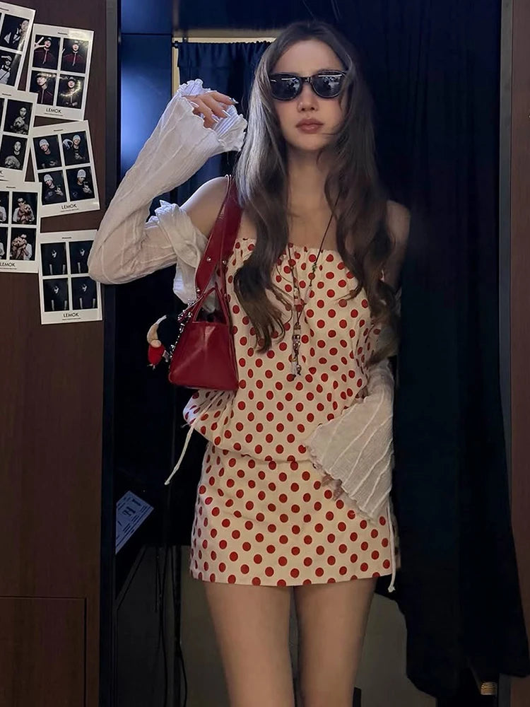 Polka Dot Print Dress Women Chest Wrap Sleeveless Sweet Prom Party Chic 2026 Summer Fashion Leisure Street Bodycon