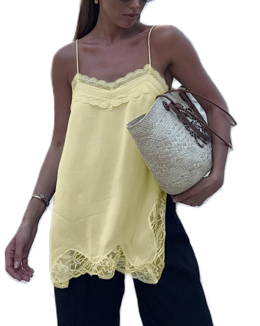 Women Lace Trim Satin High Low Tops Silk Spaghetti Strap Side Split Asymmetrical Cami Top Flowy Silky Layering Tops