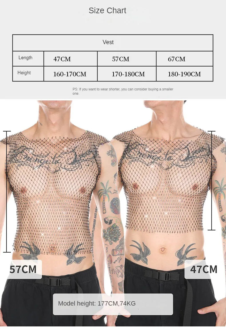Men Fishnet Sexy Tank Tops Man Rhinestone Shiny See-Through Hollow Vest Mesh Sleeveless T-Shirt Transparent Clothing Clubwear