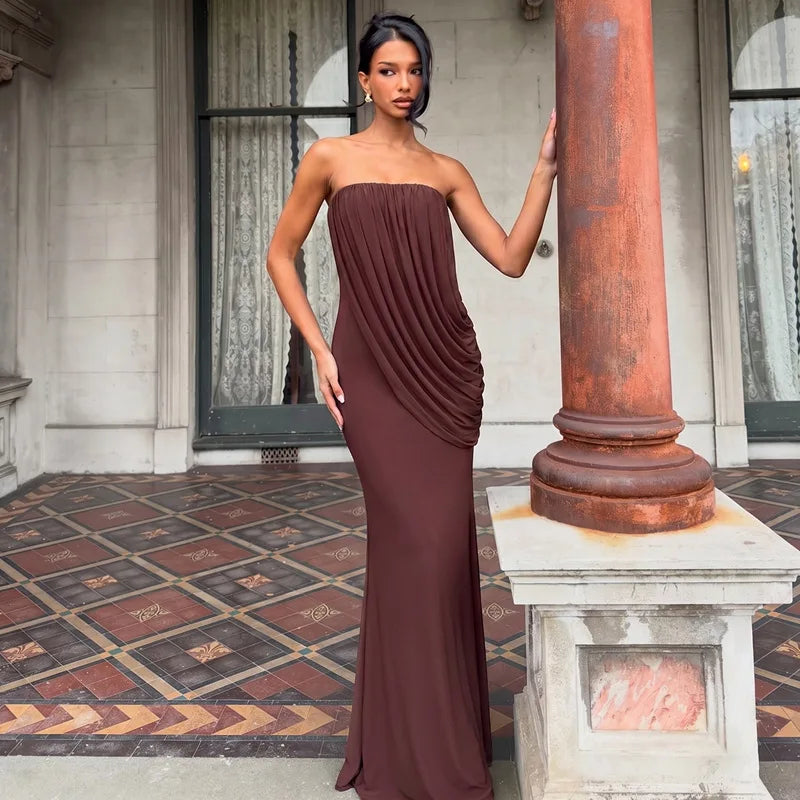 Strapless Maxi Dress with Ruched Asymmetric Draped Mesh Evening Party Dresses for Ladies Elegant