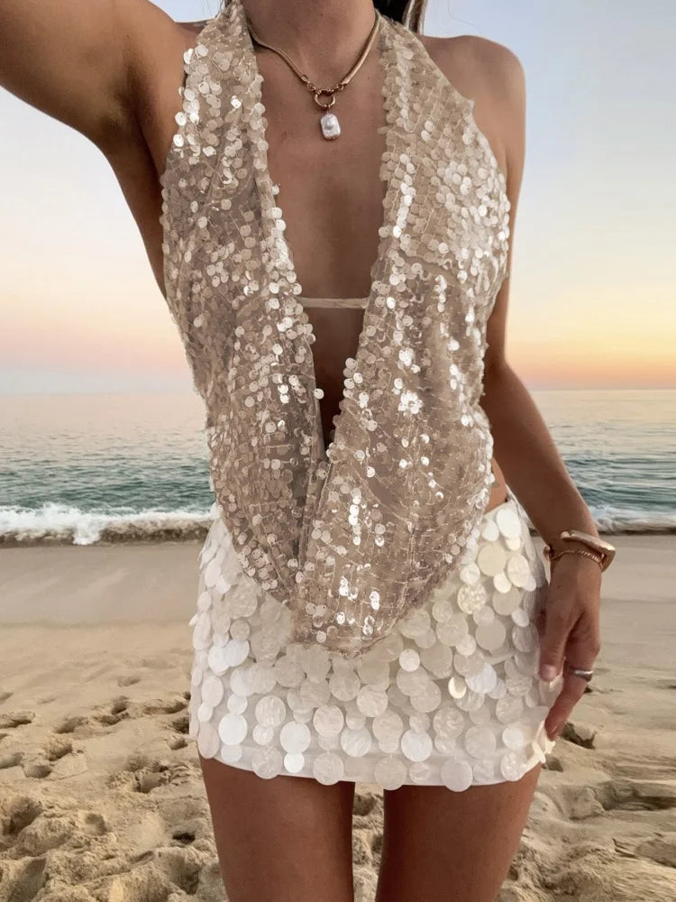 Sexy Sequins Deep V Backless Halter Tops Island Clothing Summer 2025 Fashion Tank Top Woman Beach Resort Wear