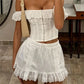 Womens Coquette Eyelet Lace Ruffle Mini Skirt Elastic Drawstring Waist Pleated A Line Flowy Skirt Summer Holiday Skirt