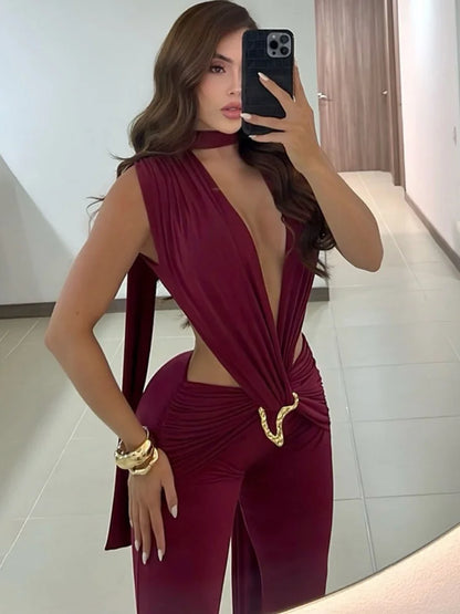 Sexy Jumpsuits for Woman Outfit Club Wear One Pieces Sleeveless Deep V Neck Backless Flare Jumpsuit