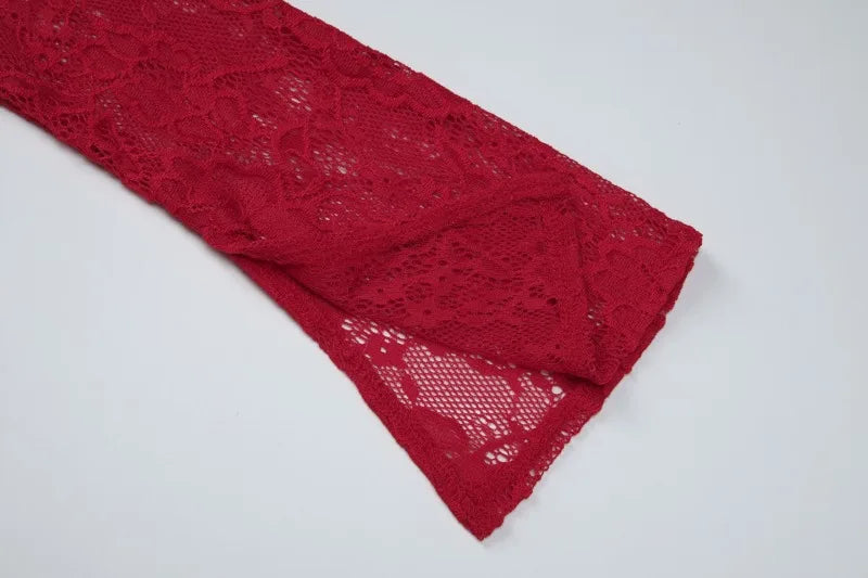 Off Shoulder Long Sleeve Bodycon Mini Dresses Sexy See Through Lace Patchwork Red Black Party Dress Woman