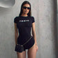 Crew Neck Short Sleeve Romper Sexy Outfit Letter Print Black One Pieces Jumpsuit Summer Woman Clothing