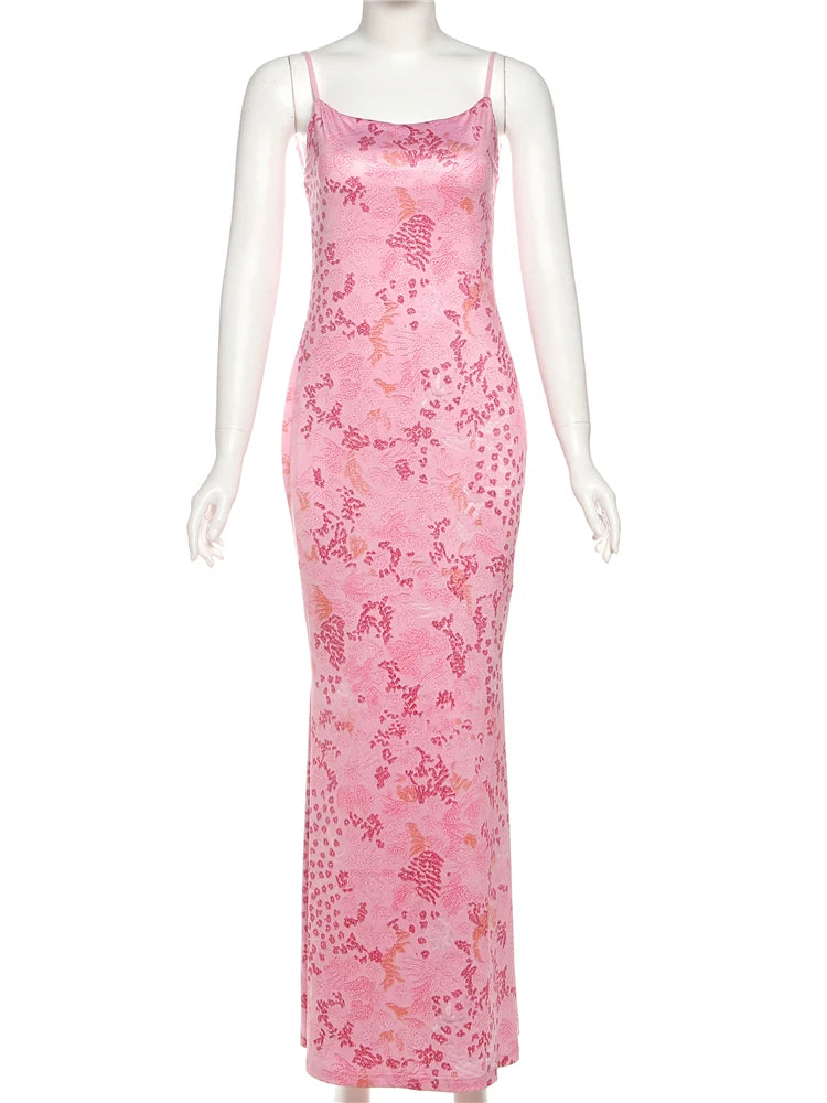 Y2K Sexy Dress Women Floral Print Backless Slit Skinny Elegant Summer Trend Party Banquet Vacation Festival Vestidos