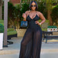 Backless Cross Bandage Jumpsuit Women Sleeveless Low-Neck Folds Patchwork Mesh Lantern Pant Leg Sexy Midnight Outfit