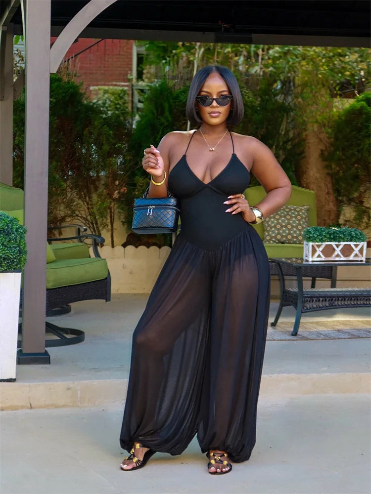 Backless Cross Bandage Jumpsuit Women Sleeveless Low-Neck Folds Patchwork Mesh Lantern Pant Leg Sexy Midnight Outfit