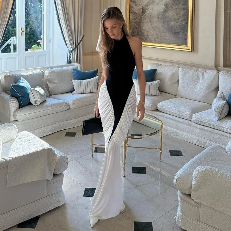Black and White Patchwork Evening Dresses Woman Elegant Halter Neck Backless Ruched Long Maxi Dress