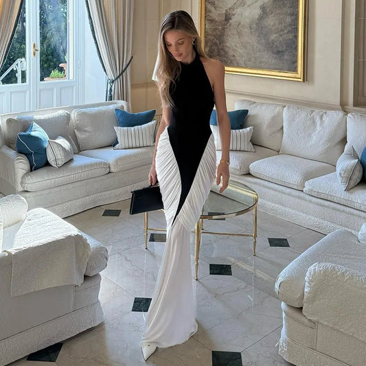 Black and White Patchwork Evening Dresses Woman Elegant Halter Neck Backless Ruched Long Maxi Dress