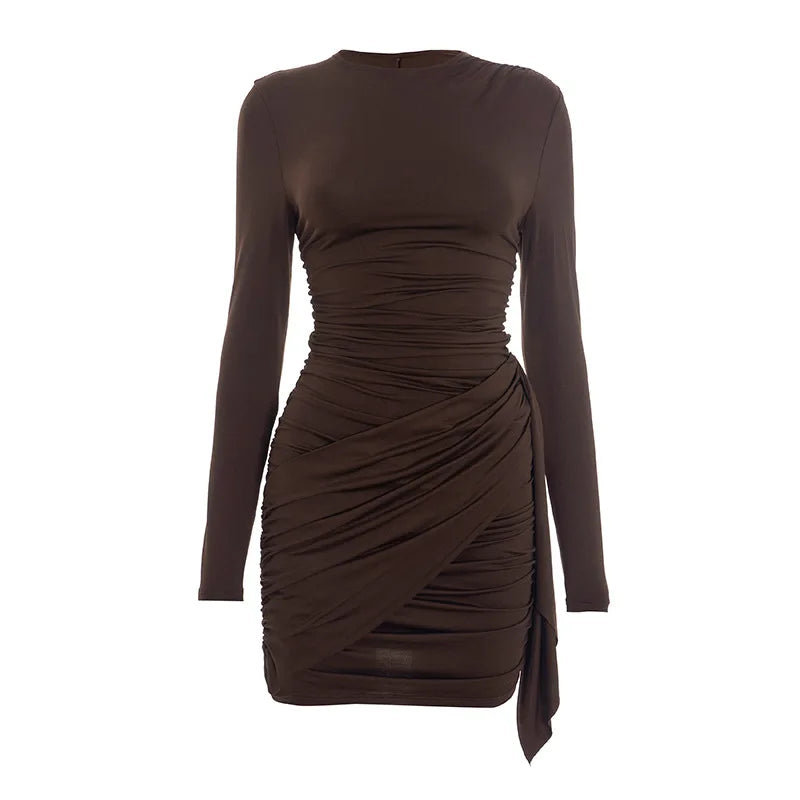 Asymmetrical Draped Long Sleeve Mini Dresses for Women Clothing Sexy Solid Color Bodycon Dress