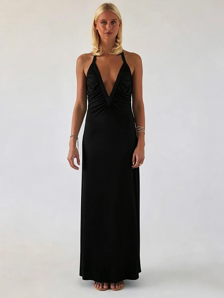 Backless Ruched Elegant Long Dress Woman Summer Trend Low-Neck Beads Single-Breasted Vacation Style High Waist Vestidos