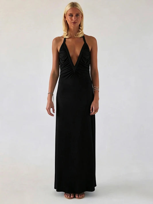 Backless Ruched Elegant Long Dress Woman Summer Trend Low-Neck Beads Single-Breasted Vacation Style High Waist Vestidos