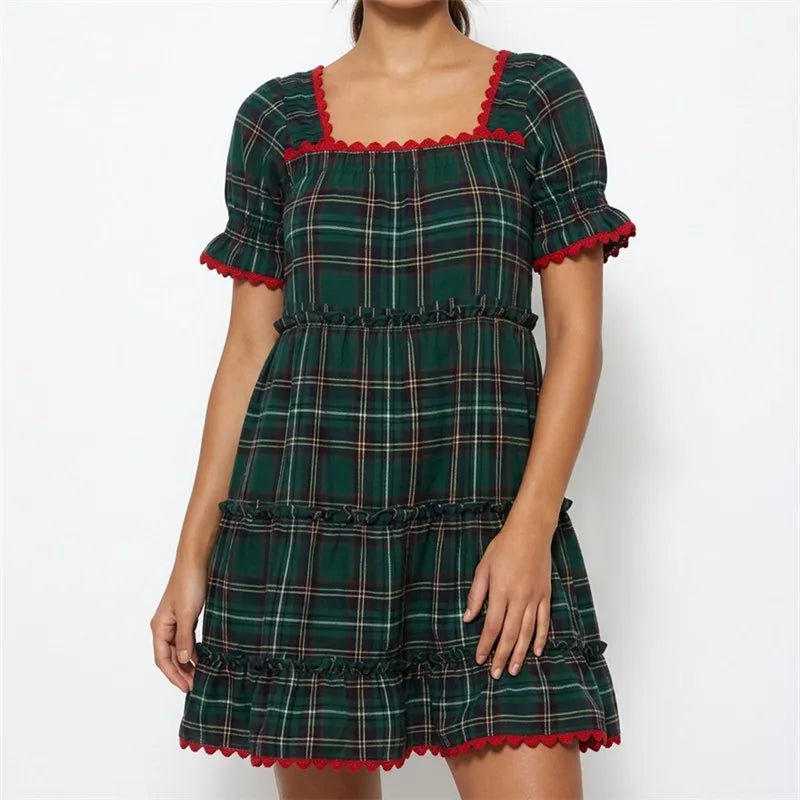 Christmas Plaid Tiered Dress Women Square Neck Puff Sleeve Lace Trim Ruffle Hem A Line Loose Fit Mini Swing Short Dress