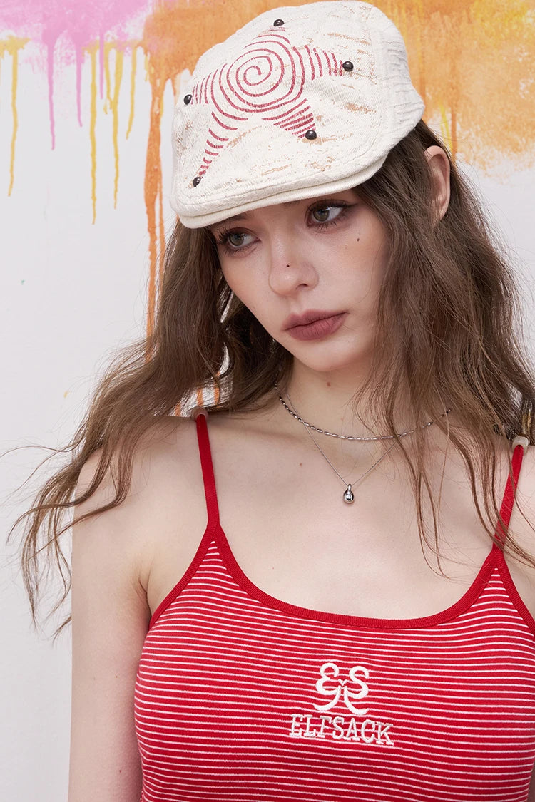 Red White Striped Knit Cami Top, Beaded Detail Summer Vest, Casual Preppy Sleeveless Cami for Women