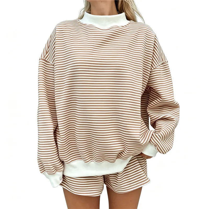 Women Mock Neck Striped Loungewear Two Piece Set Oversized Long Sleeve Sweatshirt And Shorts Casual Pajama Outfit