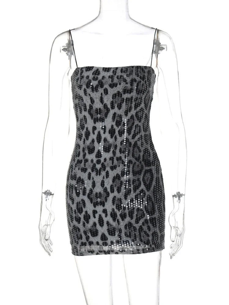 Sparkling Sequin Leopard Print Mini Dress Nightclub Outfits for Women Hot Sexy Bodycon Dresses