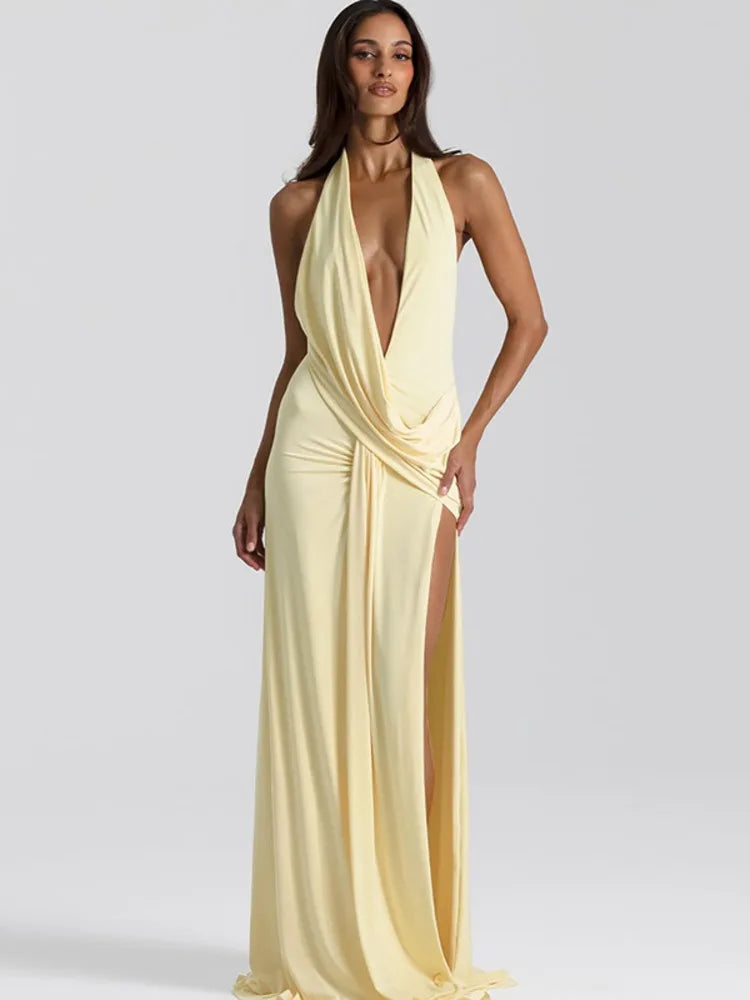 Halter Deep V Neck Backless Sexy Maxi Dress Women Gown Fashion Irregular Sleeveless Thigh High Split Club Party Dresses