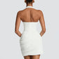 Halter Deep V Neck Sexy Mini Dress Women Elegant Sleeveless Backless Ruched Waist Bodycon Club Party Short Dresses