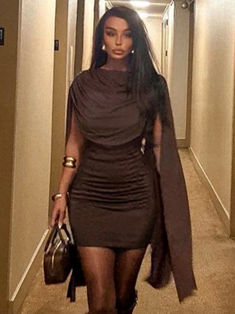 Shawl Patchwork Dress Women Ruched Elegant o-Neck Skinny Sleeveless Vacation Fashion Trend Casual Simple Mini Bodycon