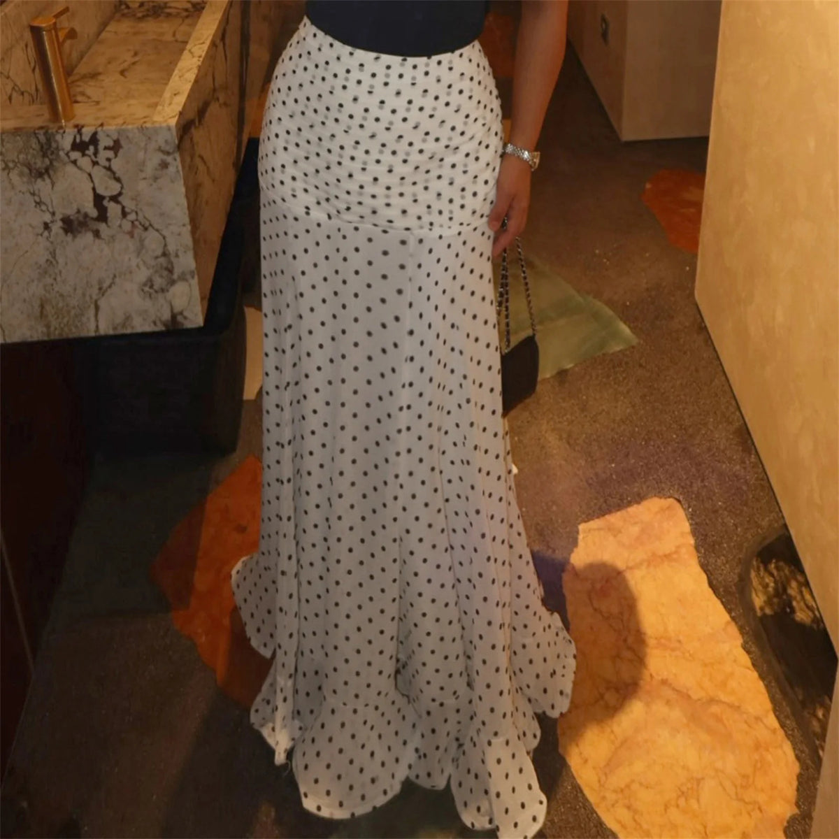 Polka Dot Floor-length Chiffon Skirt French Style Ruffled Mesh A-line Skirts Elegant Maxi Bottoms High Waist Streetwear