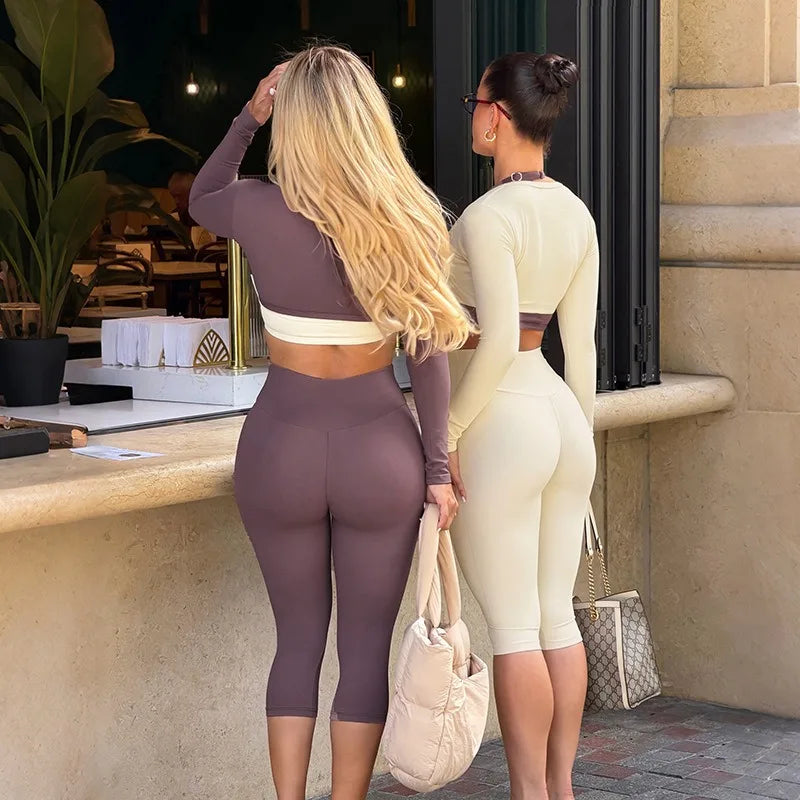 3 Piece Athletic Sets Woman Long Sleeve Cropped Tops Sports Bra and Capri Leggings Matching Sets Fall Outfits