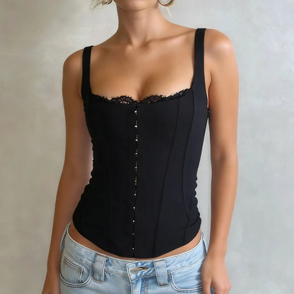 Womens Corset Bustier Top Square Neck Lace Trim Hook And Eye Closure Sleeveless Bodycon Slim Fit Camisole Party Clubwear