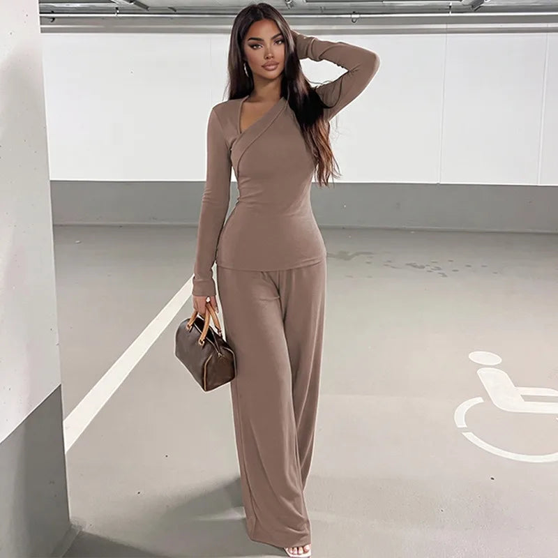 Two Piece Matching Set Asymmetric Long Sleeve Top and High Waist Wide Leg Pants Elegant Fall Outfits Woman