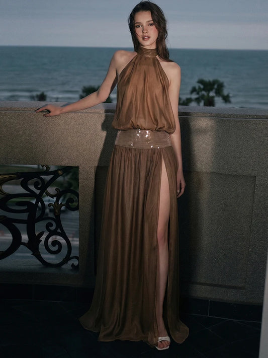 High Side Slit Patchwork Sequin Maxi Dress Women Halter Turtleneck Backless Sleeveless Vacation Summer Trend Vestidos