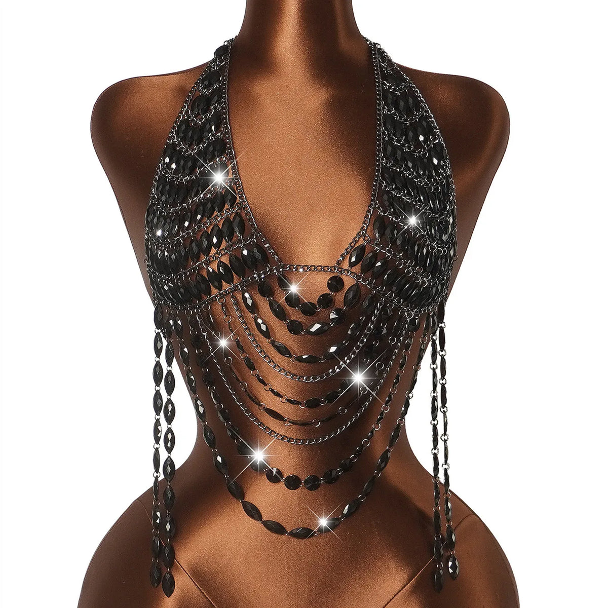 Sparkly Rhinestone Body Top Sexy Women Halter Deep V Multi Tassel Chain Harness Crystal Shimmer Rave Party Club Outfit