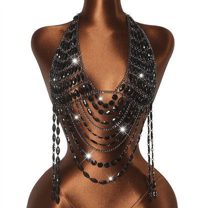 Sparkly Rhinestone Body Top Sexy Women Halter Deep V Multi Tassel Chain Harness Crystal Shimmer Rave Party Club Outfit