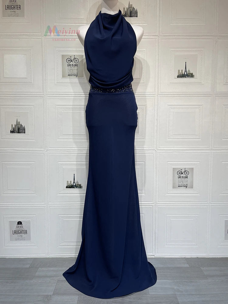 Halter Bckless Sexy Maxi Dress Women Gown Elegant Off-shoulder Sleeveless Draped Ruched Bodycon Club Party Long Dress