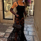 Women Mesh Lace Sexy Maxi Dress Sleeveless See‑Through Long Dress With Lace Gloves Evening Party Club Bodycon Dresses