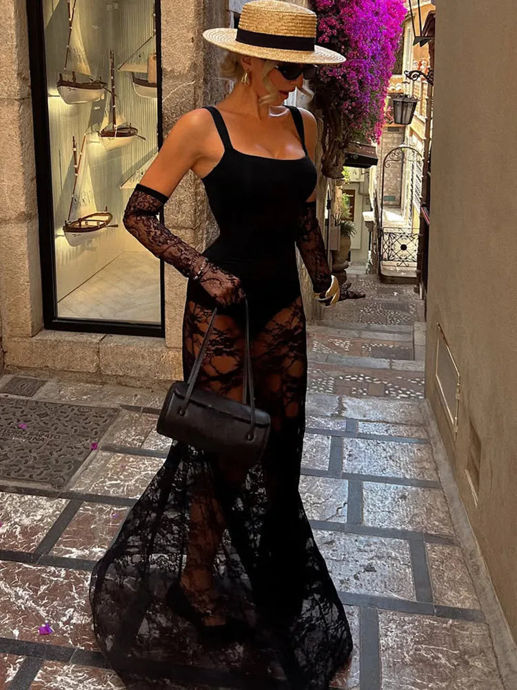 Women Mesh Lace Sexy Maxi Dress Sleeveless See‑Through Long Dress With Lace Gloves Evening Party Club Bodycon Dresses