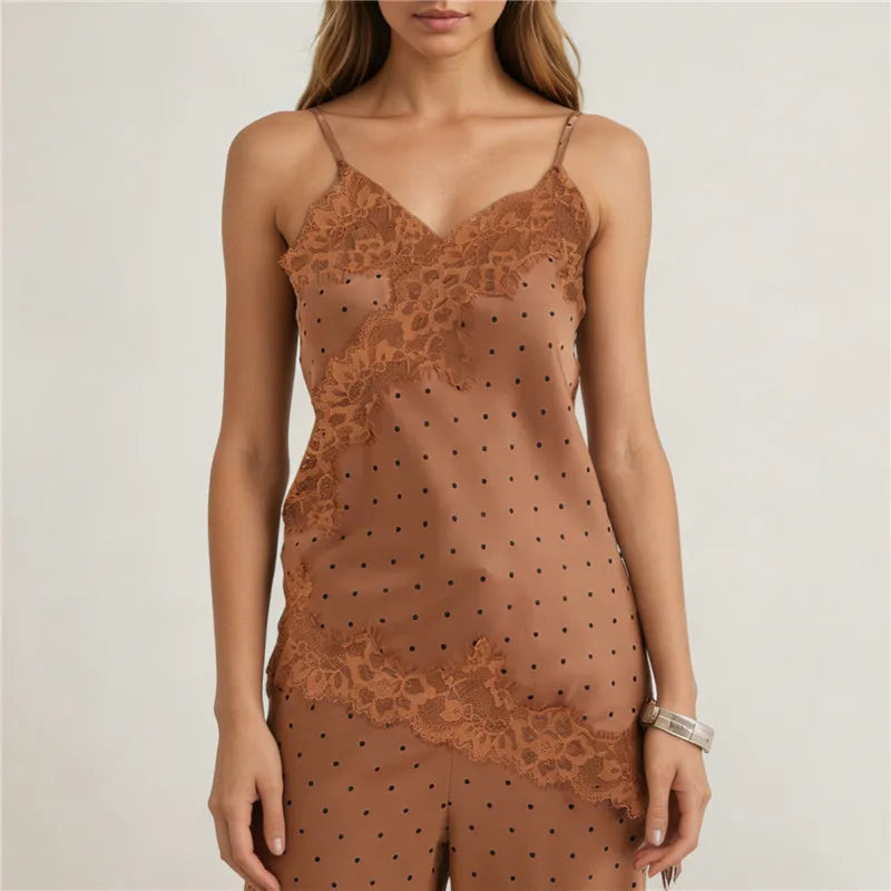 Fashion Summer Women Satin Camisole Top Y2K Polka Dot Lace Trim Spaghetti Strap V Neck Blouse Casual Streetwear
