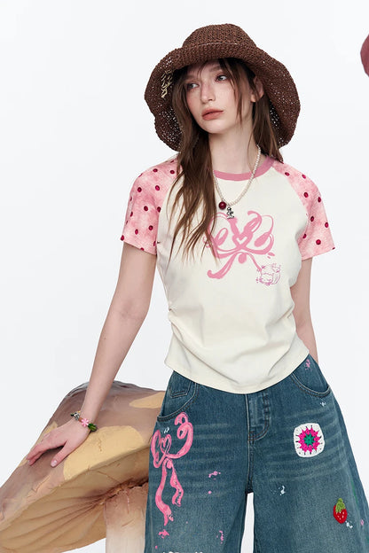 Polka Dot Raglan Sleeve Baby Tee, Bow Print Slim Fit Y2K Casual T-Shirt, Pink & White Retro Top