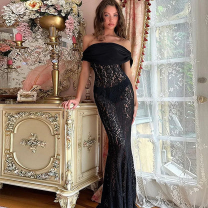 See Through Floral Lace Off Shoulder Mermaid Maxi Dress Sexy Elegant Black Party Dresses Luxury Evening Gown