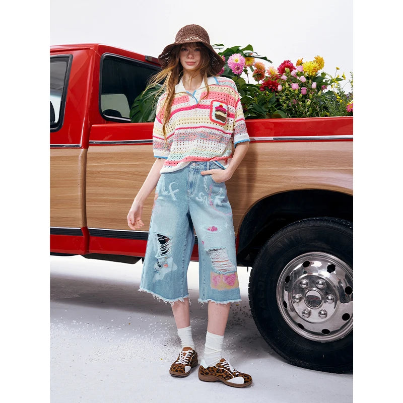 Women's Sweet Colorful Striped Knit Top, Crochet Cake Pocket Openwork Polo T-Shirt, Cute Summer Short Sleeve Knitwear
