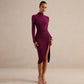 Long Sleeve Mock Neck Midi Dress Side Ruched High Split Fitted Elegant Autumn Dresses 2026